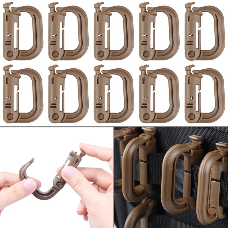 XTACER Tactical Multipurpose D-Ring Locking Hanging Hook Tactical Link Snap Keychain for Molle Webbing (Coyote Brown-Button Release (10-Pack)) - Image 1